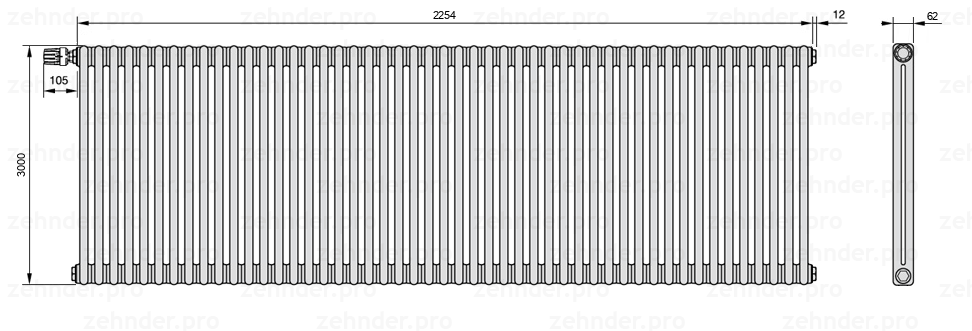 Схема (чертеж) Радиатор Zehnder Charleston 2300/49 №V012 Белый глянцевый RAL 9016